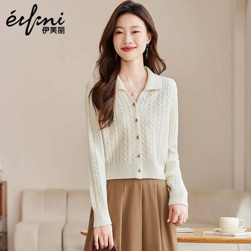 伊芙丽折扣女装纯绵羊毛衫针织衫2024秋冬新款百搭通勤麻花打底衫