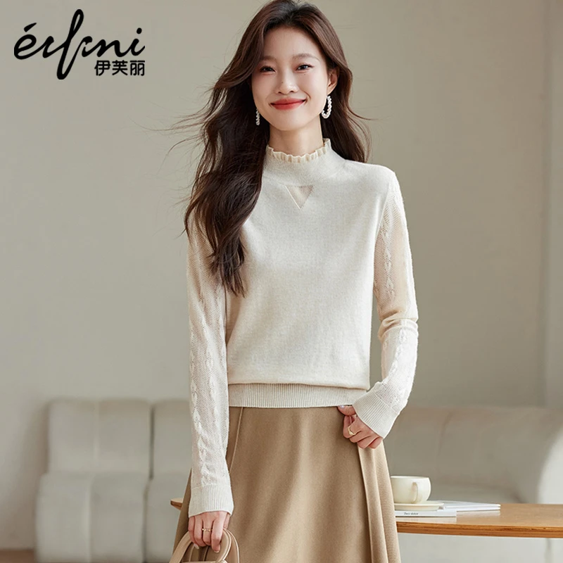 伊芙丽折扣女装半高领针织打底衫2024秋冬蕾丝拼接时尚百搭毛衣潮