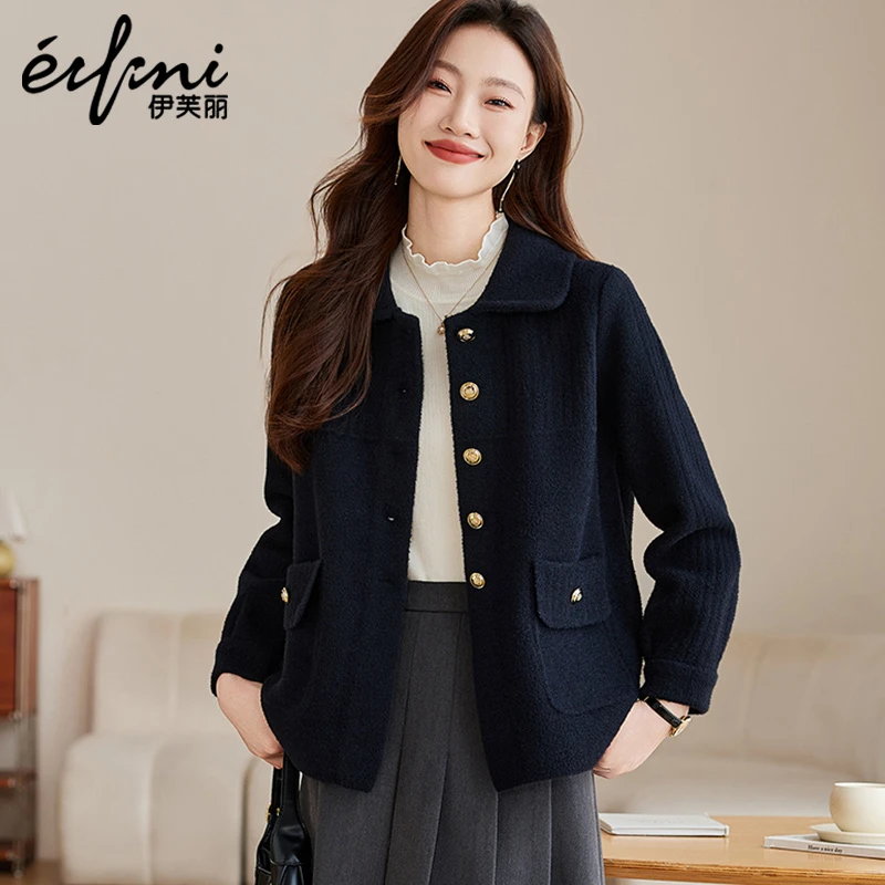 伊芙丽折扣女装双面毛呢外套2024秋冬新款休闲百搭小个子针织开衫