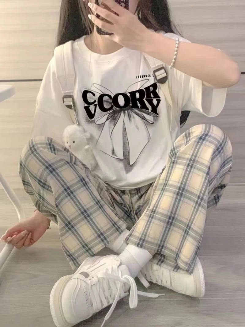 2024新款夏季时尚套装女高中生洋气宽松短袖格子裤休闲穿搭两件套
