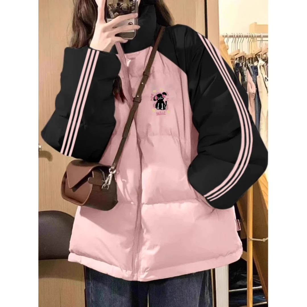 冬季学院风棉服保暖套装女学生三条杠宽松加厚棉衣少女加绒牛仔裤