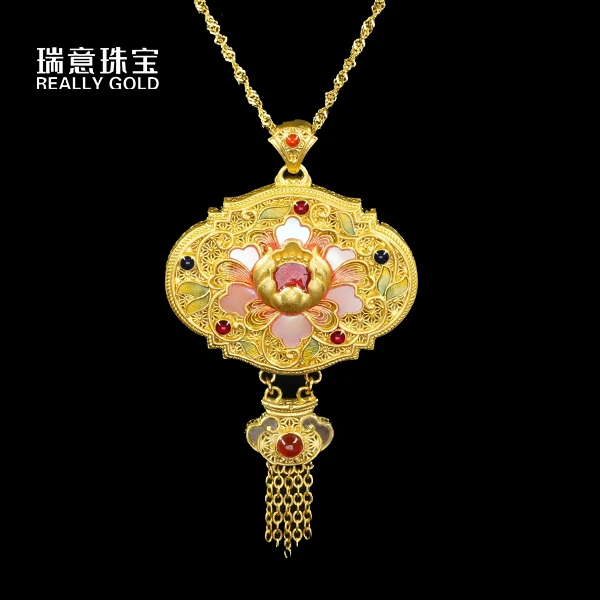 黄金足金999高温烧蓝花开富贵如意吊坠（联系客服咨询现货改价
