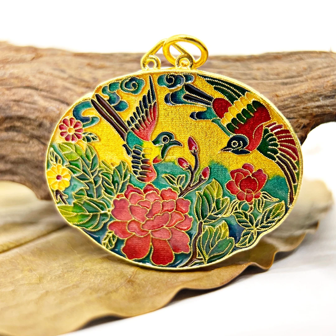 【錾刻绥带鸟牡丹花-吊坠】足金999【高温烧蓝】【黄金首饰】