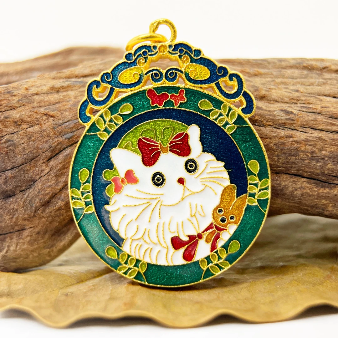 【吊坠】足金999高温烧蓝【黄金首饰】【波斯猫牌錾刻牌】