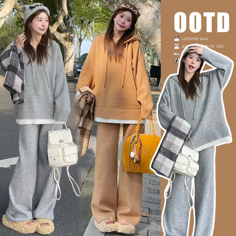 【Liner】产后可穿孕妇秋冬时尚宽松针织休闲慵懒风连帽宽松两件套