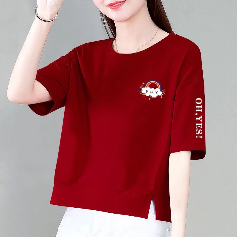 纯棉短袖卫衣女新款潮夏季宽松显瘦印花t恤圆领开叉上衣女体恤衫