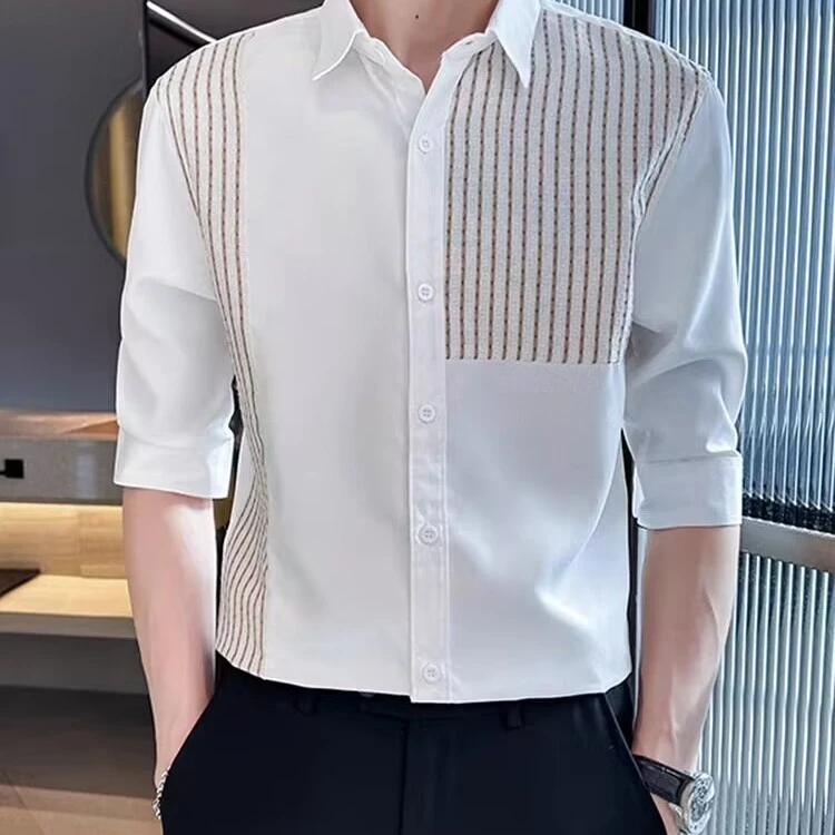夏季薄款拼接衬衫男短袖休闲痞帅冰丝衬衣男款2023新款五分袖寸衫