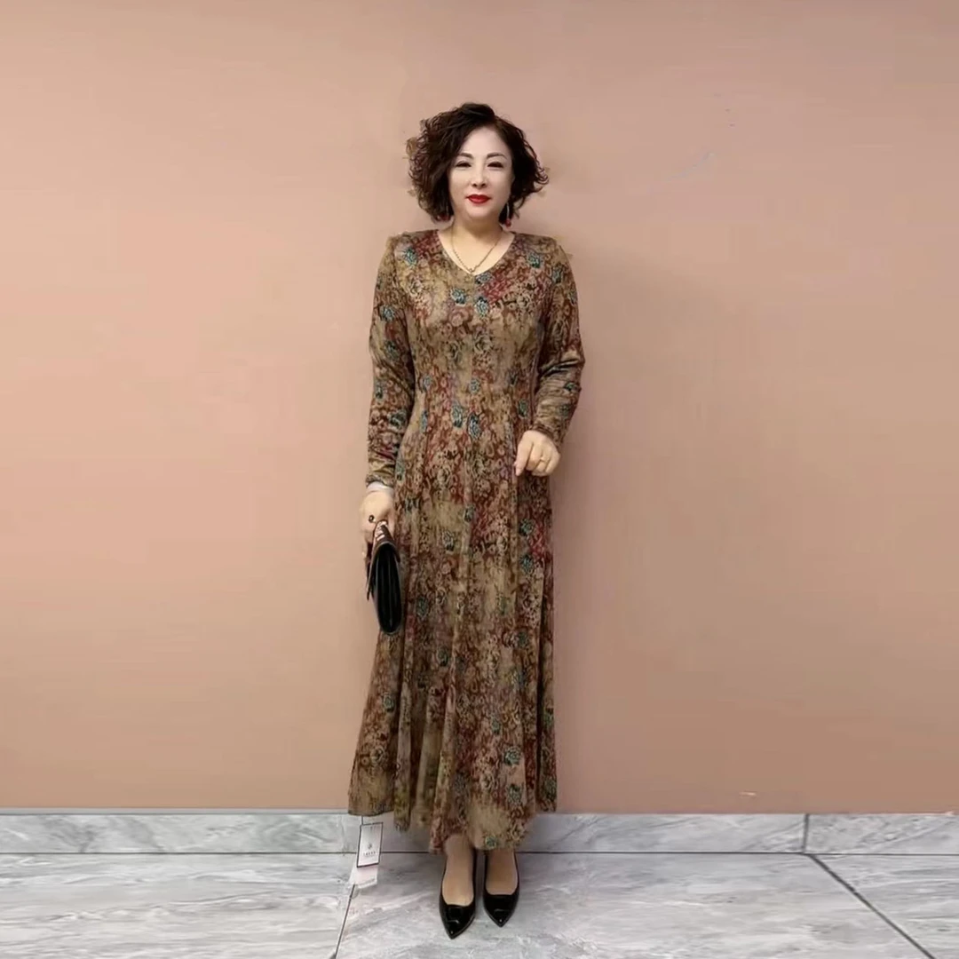 2024早秋新款中老年妈妈装显瘦气质韩版连衣裙中老年长款过膝长裙