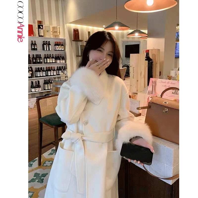爆款秋冬新中式双面呢羊毛大衣狐狸毛长款百搭膝毛呢外套白色瘦