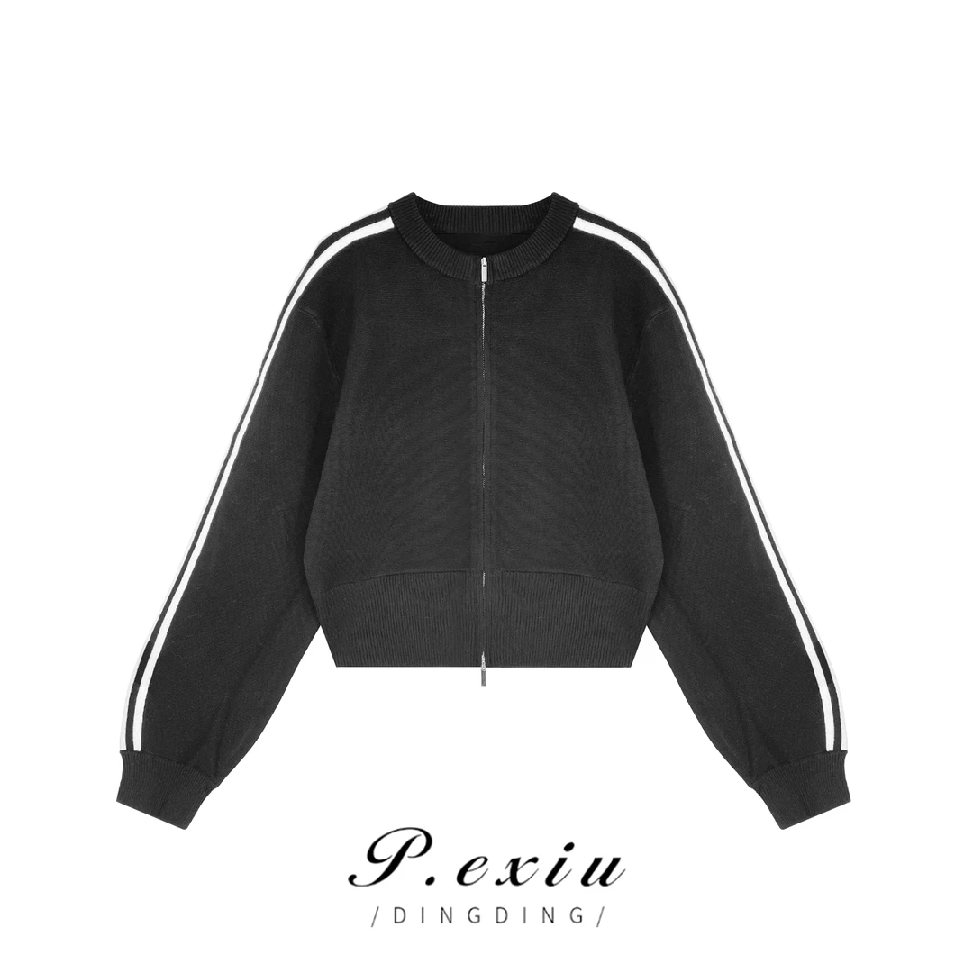 PanYiXiu/潘依绣秋冬设计感双拉链半高领竖条纹针织外套 ZZ0309