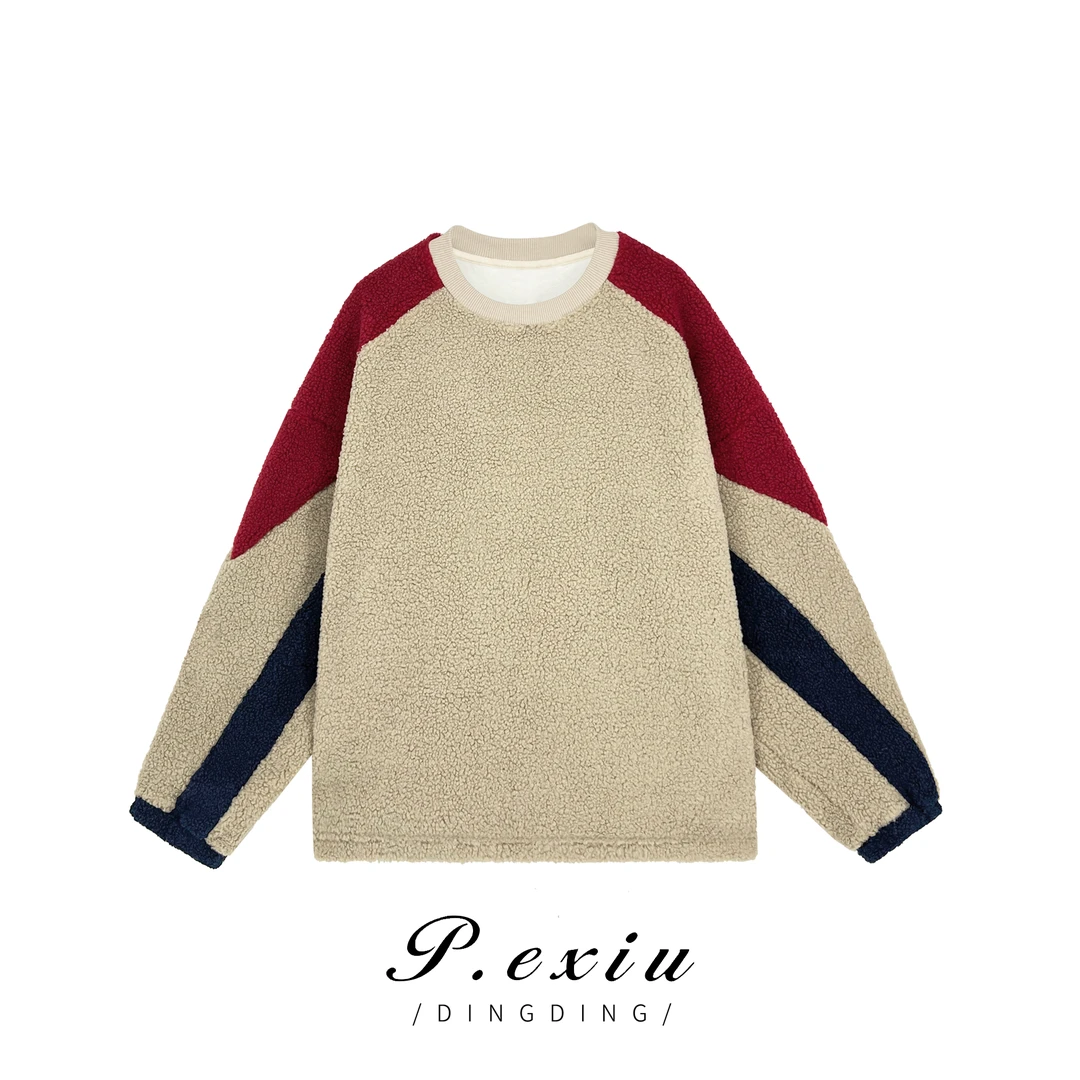 PanYiXiu/潘依绣秋冬新款拼接彩袖-羊-羔-毛休闲百搭卫衣 W-61676