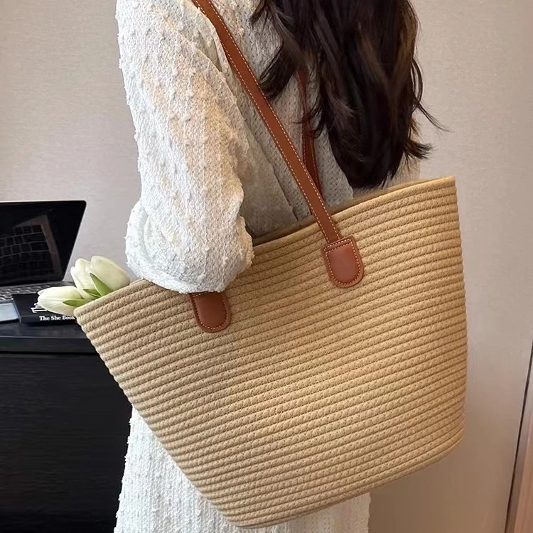 简约大容量棉线编织包新款菜篮子单肩包小众通勤托特包百搭女包