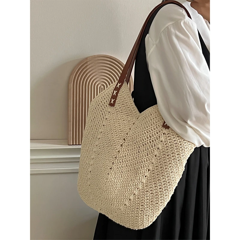 法式棉线包单肩202新款ins休闲大容量编织包女海边小众度假沙滩包