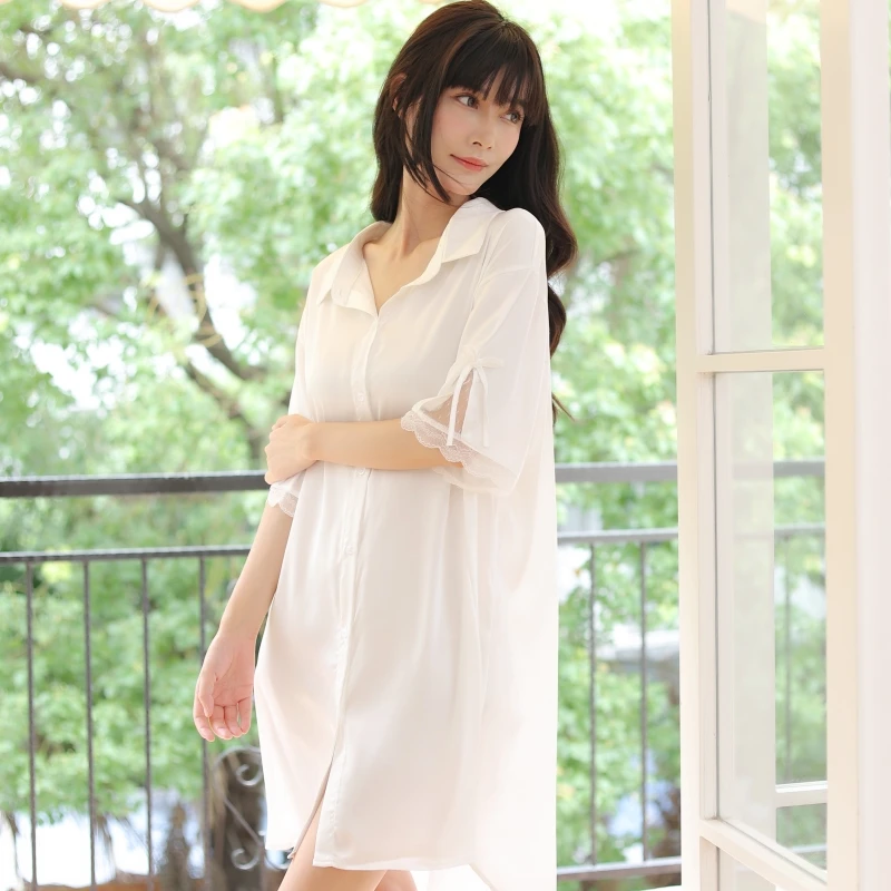 2024新款睡裙春夏季冰丝薄款性感纯欲风宽松大码中长款衬衫睡衣女