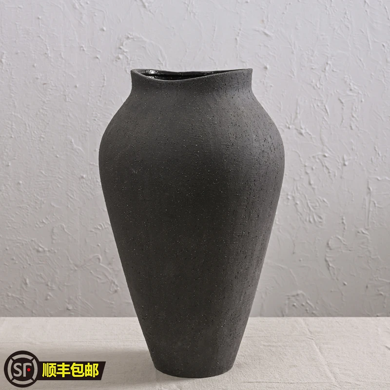 黑色无孔陶瓷花瓶简约轻奢质朴装饰粗陶陶罐插花干花装饰品摆件