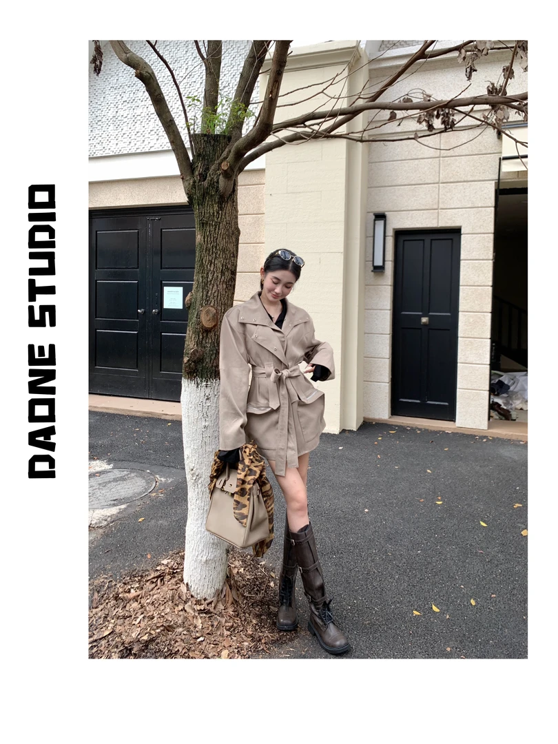 DAONE秋冬复古中长款重工轮廓宽松气质简约高级感风衣大衣