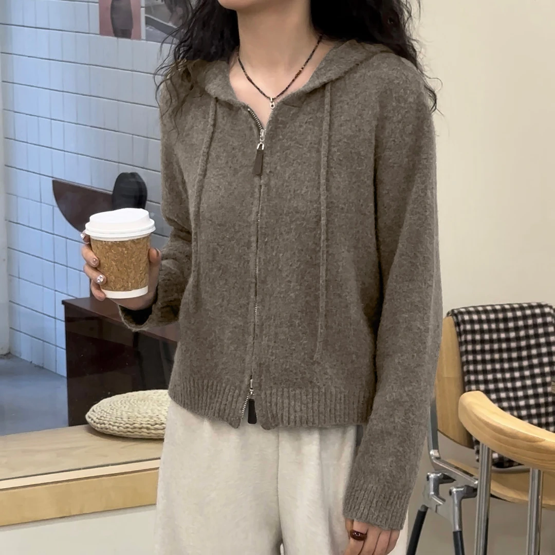 XFYN |【叠穿】拉链连帽针织开衫毛衣女秋冬新款韩系短款上衣百搭