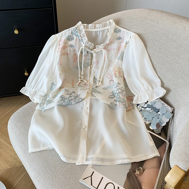 绣花蕾丝新中式复古宽松小马甲拼接假两件雪纺衫气质时尚白衬衫女