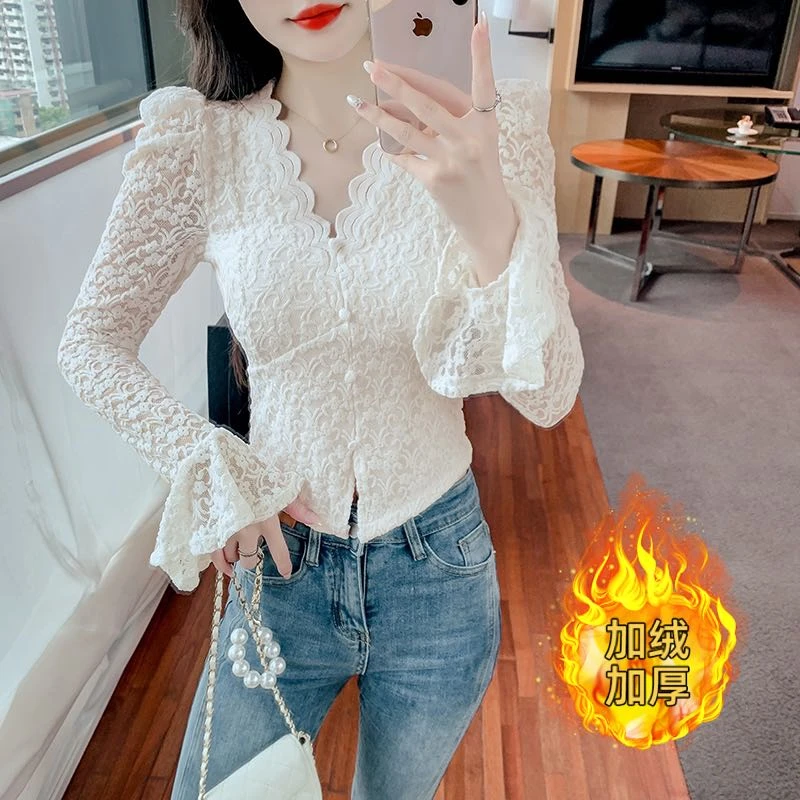 加绒蕾丝上衣秋冬款加绒时尚洋气打底衫名媛V领喇叭袖带胸垫衬衫
