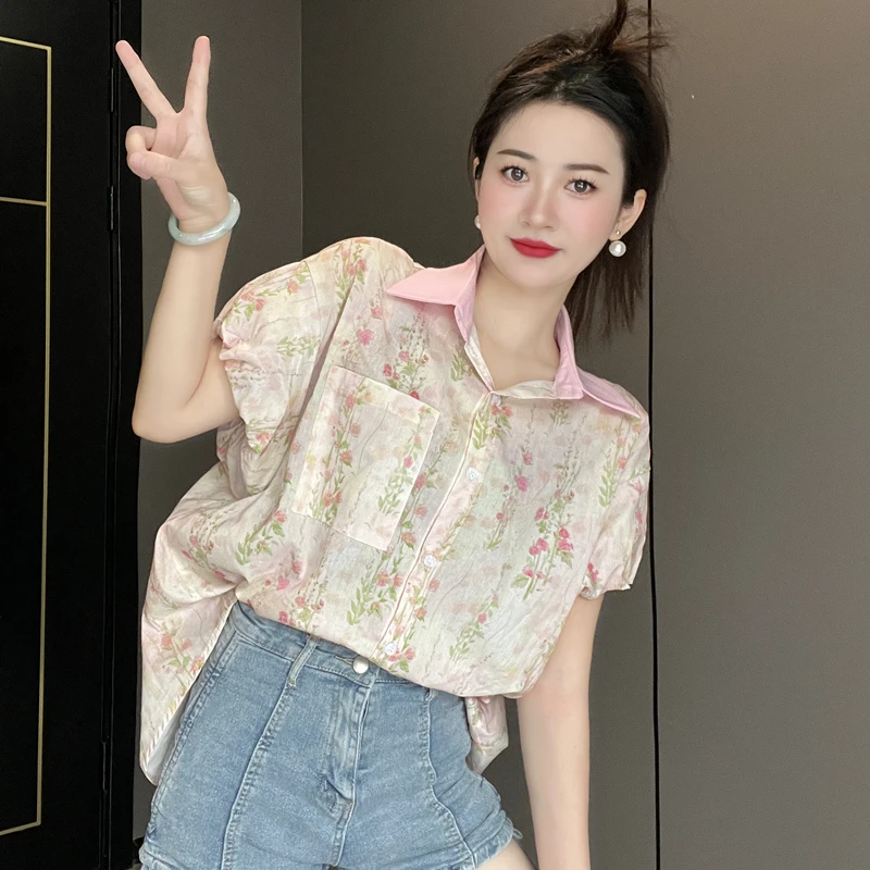 高级感港风宽松小清新碎花衬衣女款显瘦上衣设计感减龄短袖衬衫