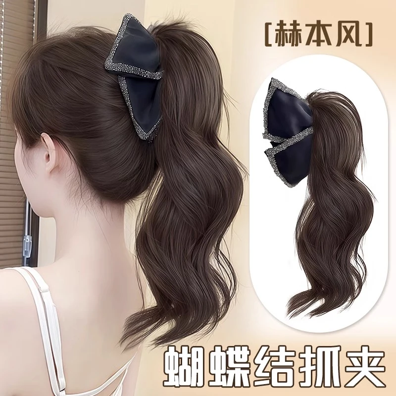 假发辫子女碎钻蝴蝶结抓夹马尾赫本风长卷发气质仿真发假发辫马尾