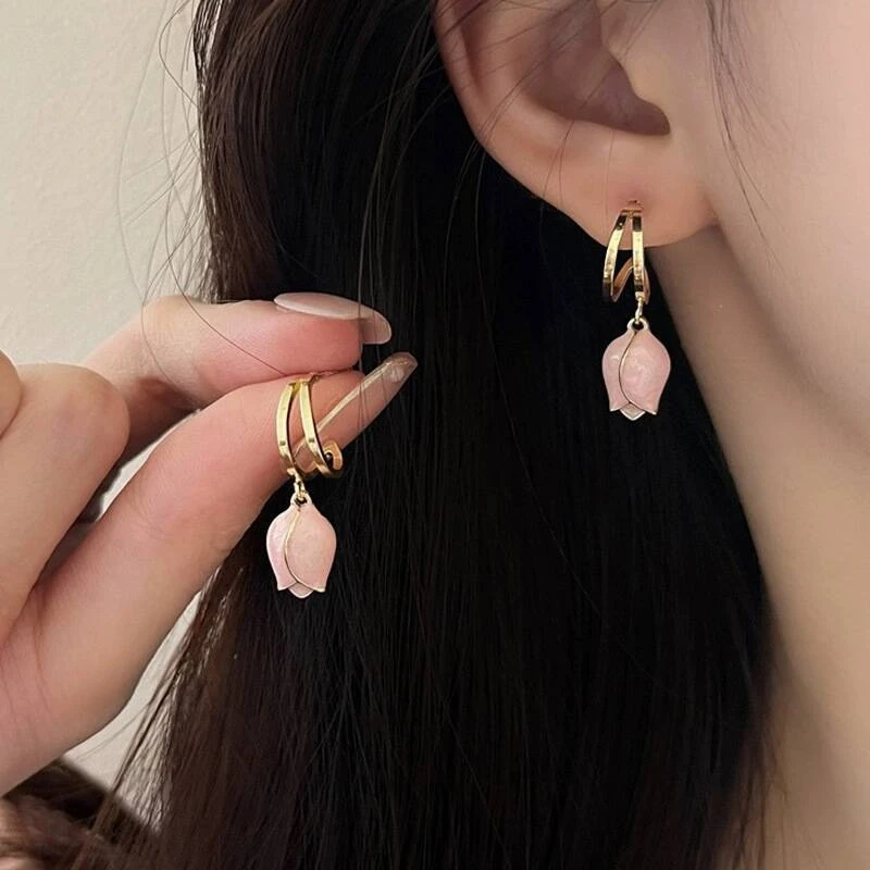 铜合金耳饰 《货号7217》精致甜美油画感粉色郁金香吊坠耳饰