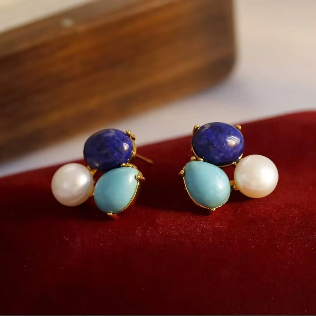 铜合金耳饰 《货号1928》 拼色石头珠珠耳钉