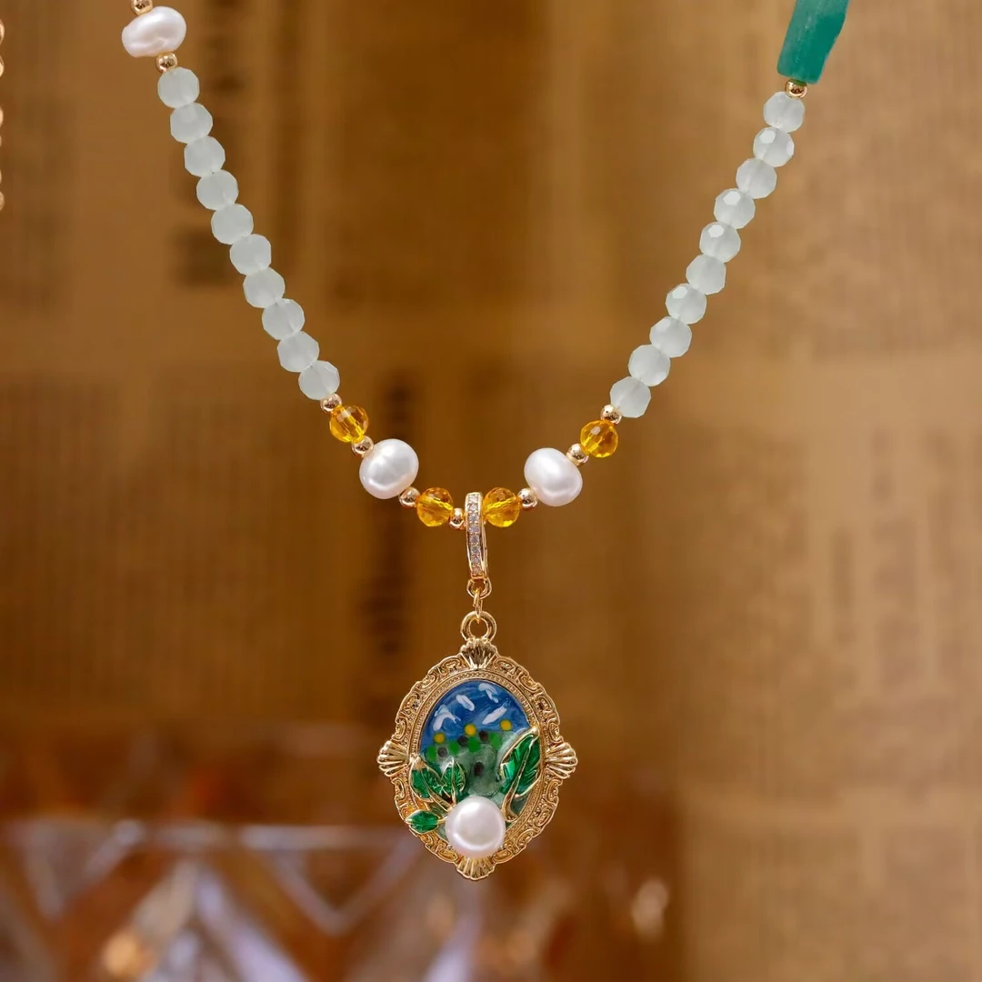 铜合金项链 《货号8595》油画吊坠串珠项链（链长：40+5cm）