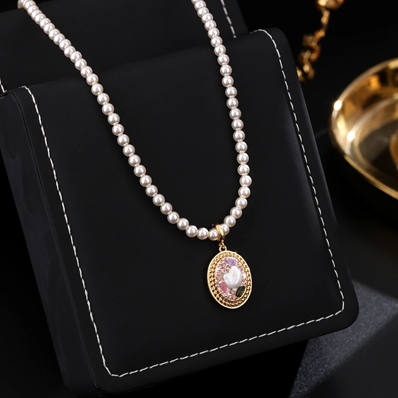 铜合金项链 《货号7579》新中式椭圆吊坠小米珠项链