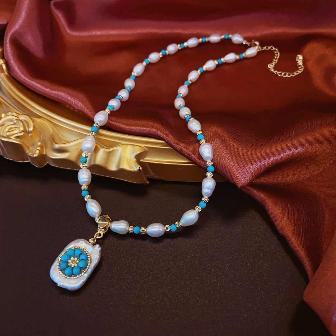 铜合金项链 《货号7337》时尚气质蓝白拼色珠珠项链