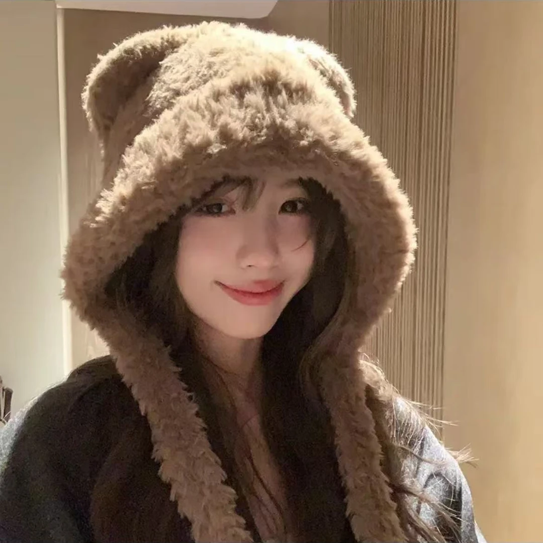 帽子女2024新款秋冬可爱毛绒小熊耳朵帽子保暖护耳大头围雷锋帽子