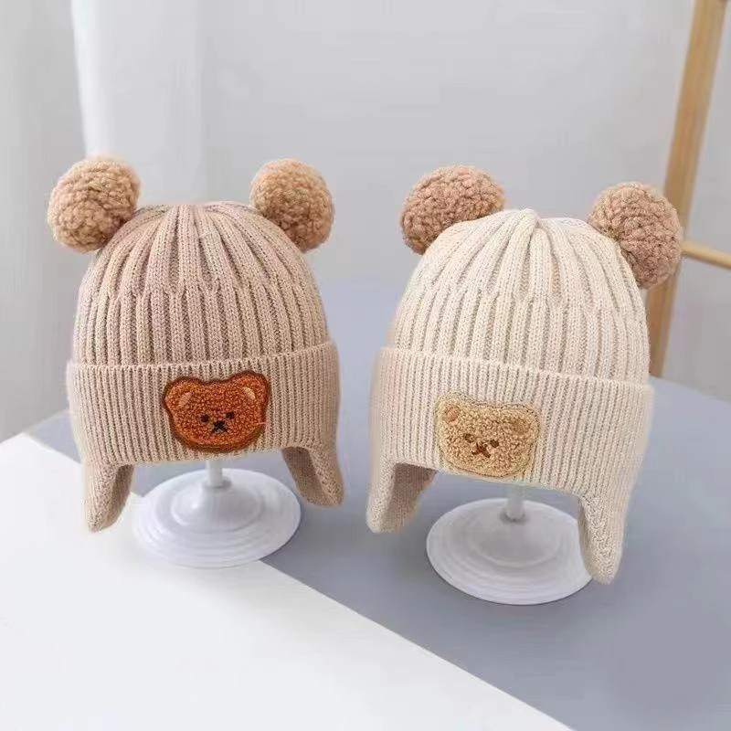 小熊双球宝宝帽子春秋儿童毛线帽婴幼儿毛球针织帽秋冬保暖护耳帽