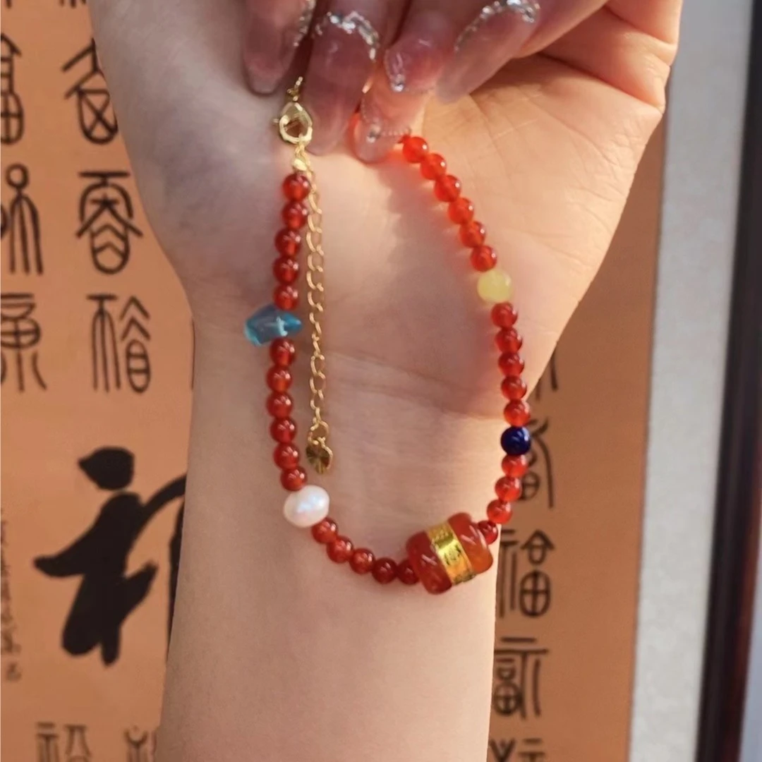 【晶焕】天然冰红玛瑙手串足金镶嵌（随机发）