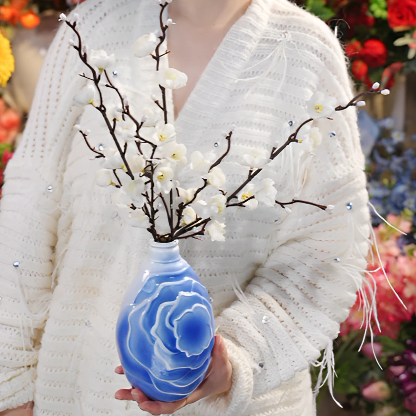 白梅花 珐琅彩 花瓶 仿真花 茶室 中式 装饰摆件 假花 茶几摆放