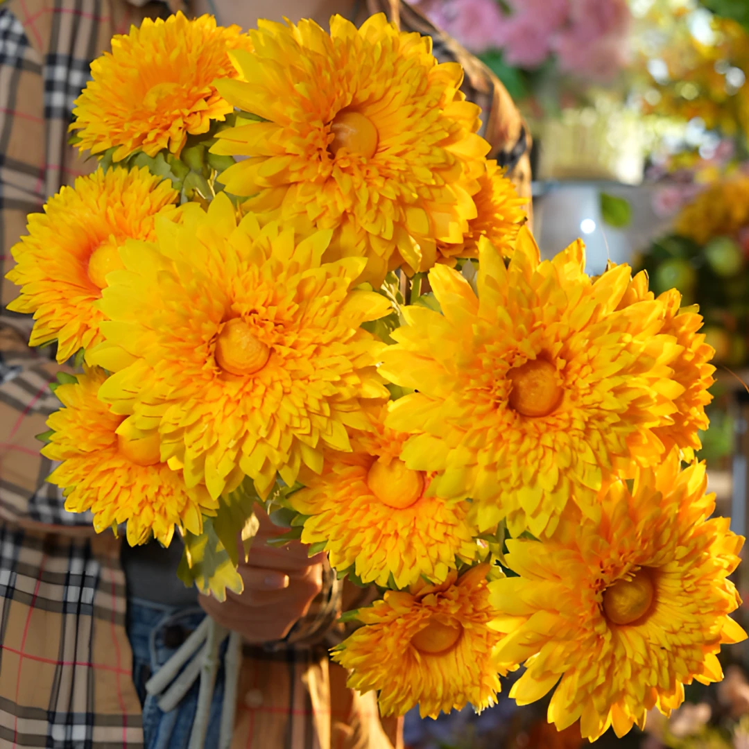 泰迪向日葵 仿真花 三头大花焦边叶片高级重瓣向阳花金黄色田园风