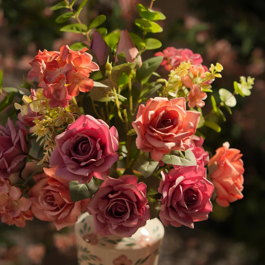 （锦绣 ）秋色粉紫色玫瑰花花束 仿真 小绣球小配花 尤加利叶搭配