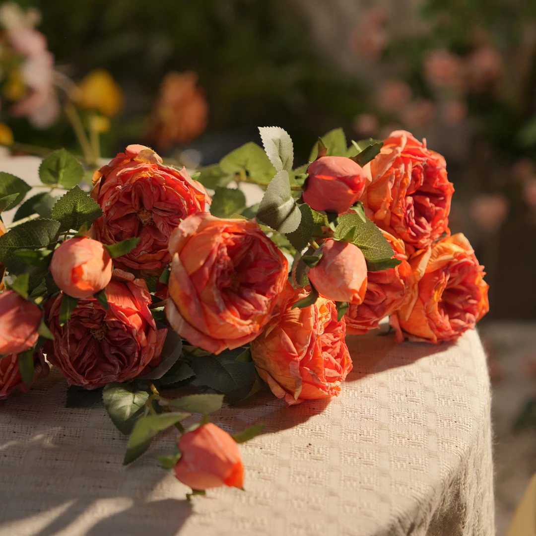 奥斯汀玫瑰花 橘红色 年花 高级感焦边玫瑰花 仿真花 可落地大花