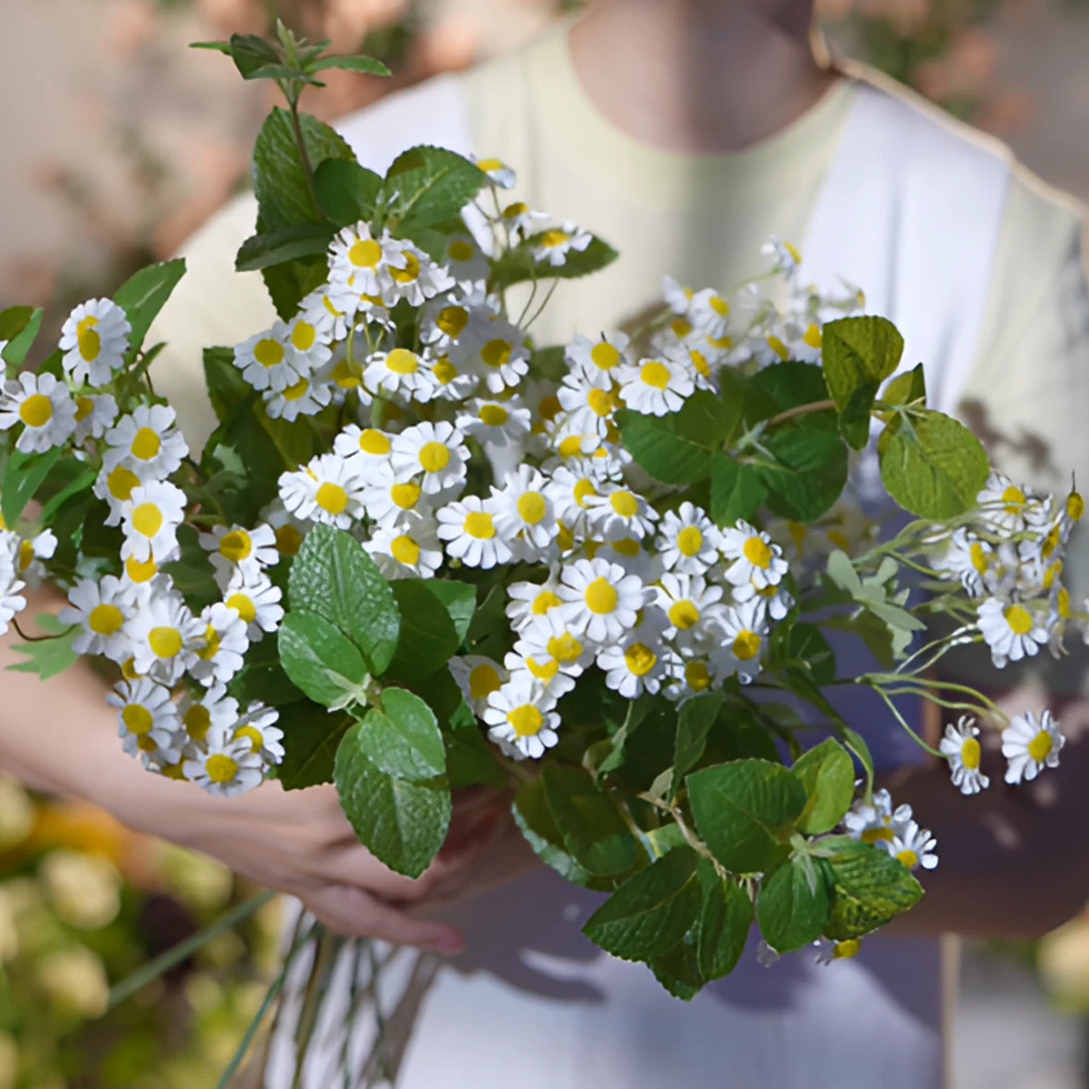 (小田园)雏菊薄荷叶 仿真花 绢布材质高端仿真花花束 小清新