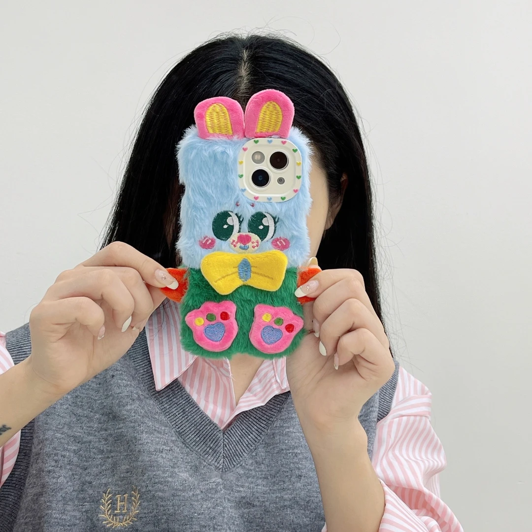ins多巴胺彩色秋冬兔适用于iPhone14pro15毛绒13promax防摔手机壳