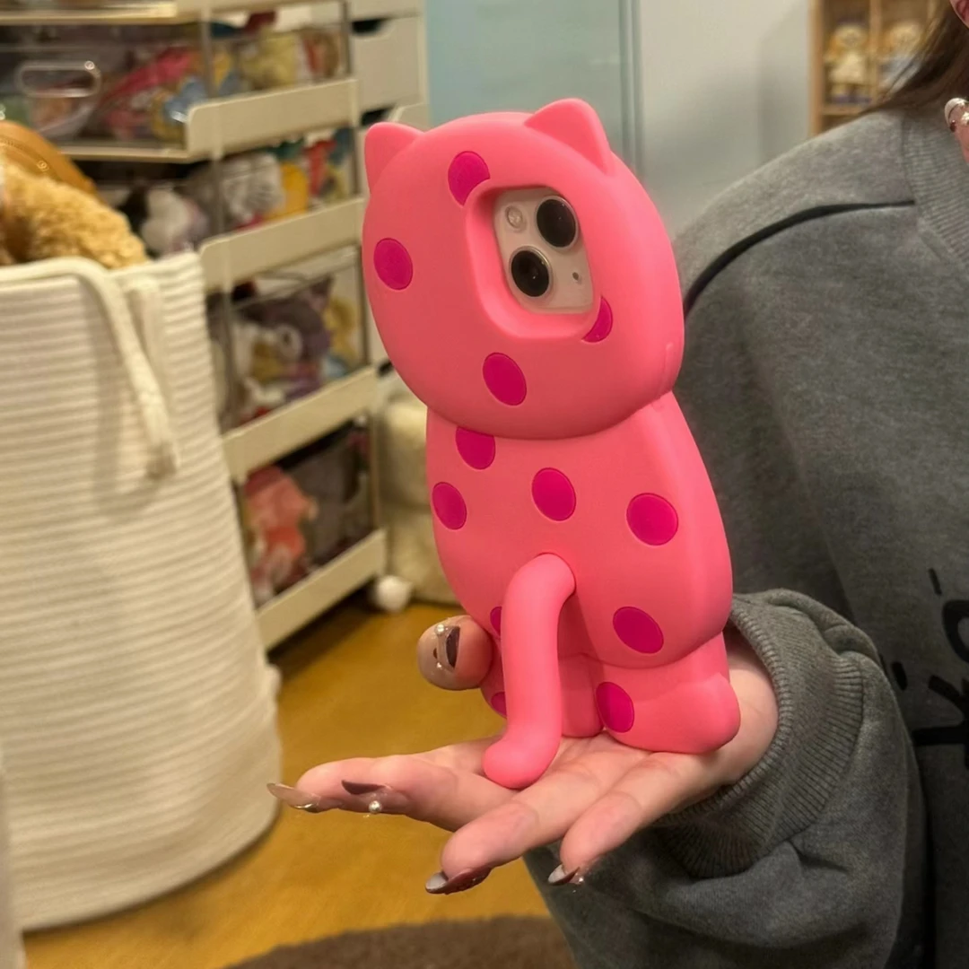 创意支架玫红斑点豹适用于iPhone15pro14软胶13promax防摔手机壳