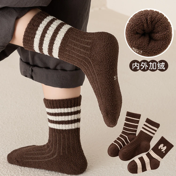 冬季加厚童袜面绒保暖男女童字母条纹秋冬季学生加绒宝宝袜ins