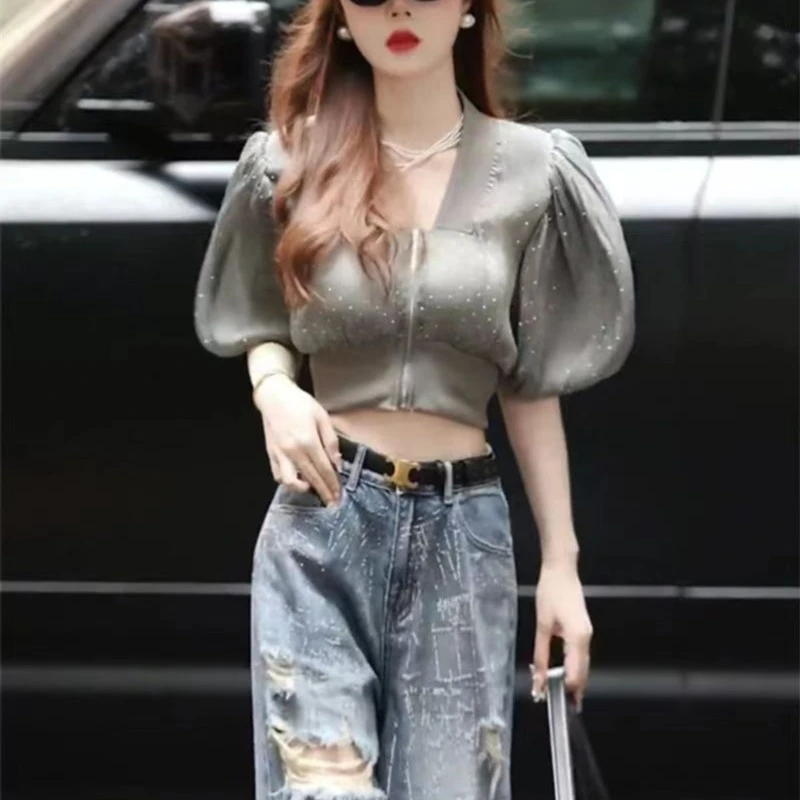 设计感拉链泡泡袖衬衫女2023夏季新款韩版时尚收腰显瘦潮流外套女