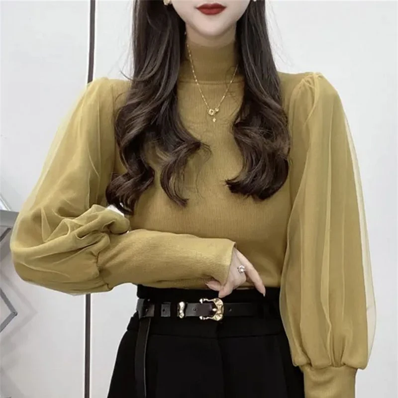 德绒时尚半高领长袖内搭打底衫T恤女秋冬新款拼接显瘦气质上衣潮