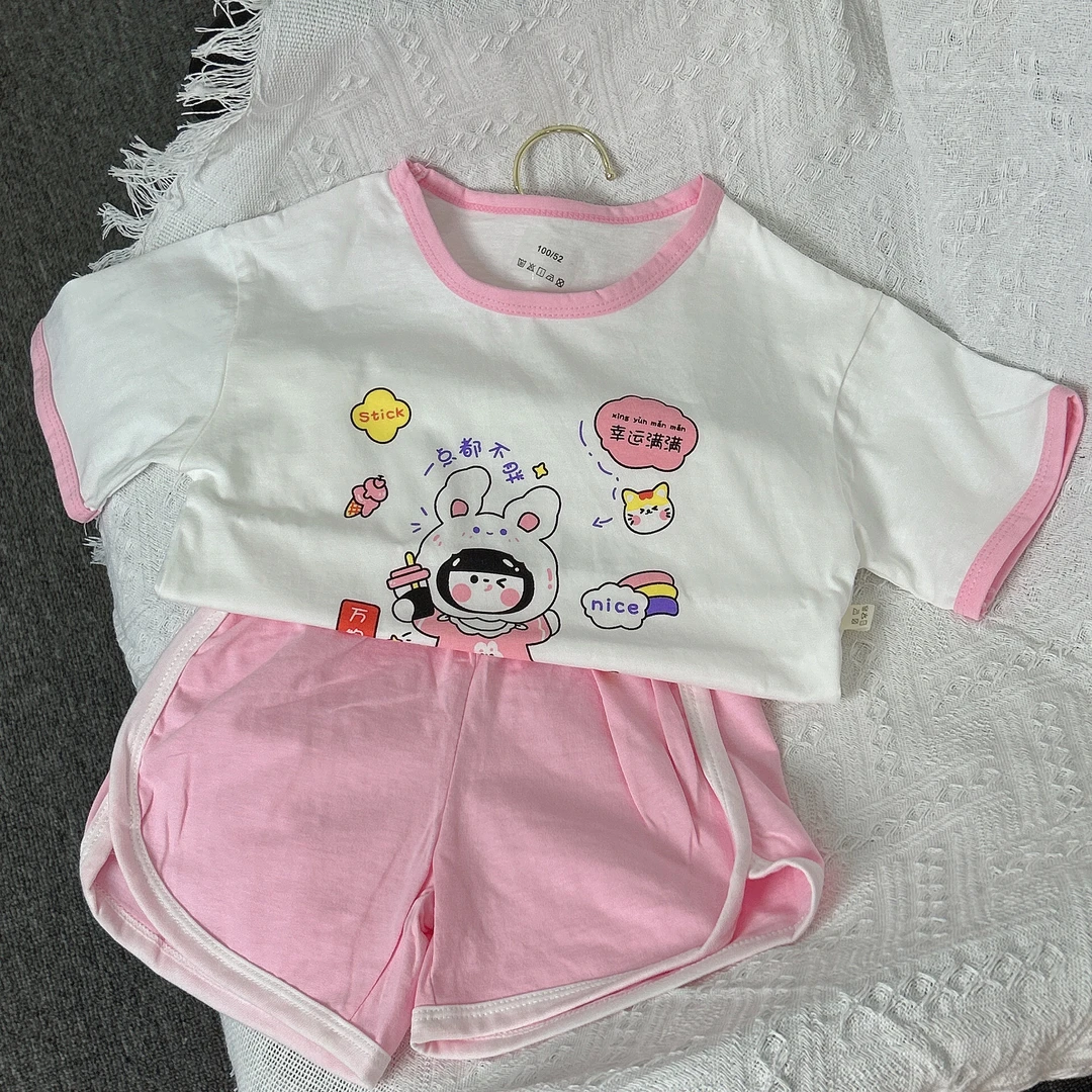 西桃kids夏季童装2024女童卡通印花休闲两件套宝宝短袖短裤套装