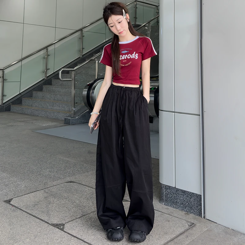 轻氧漫游裤新品慵懒高腰抽绳松紧宽松纯色简约休闲裤慵懒风穿搭