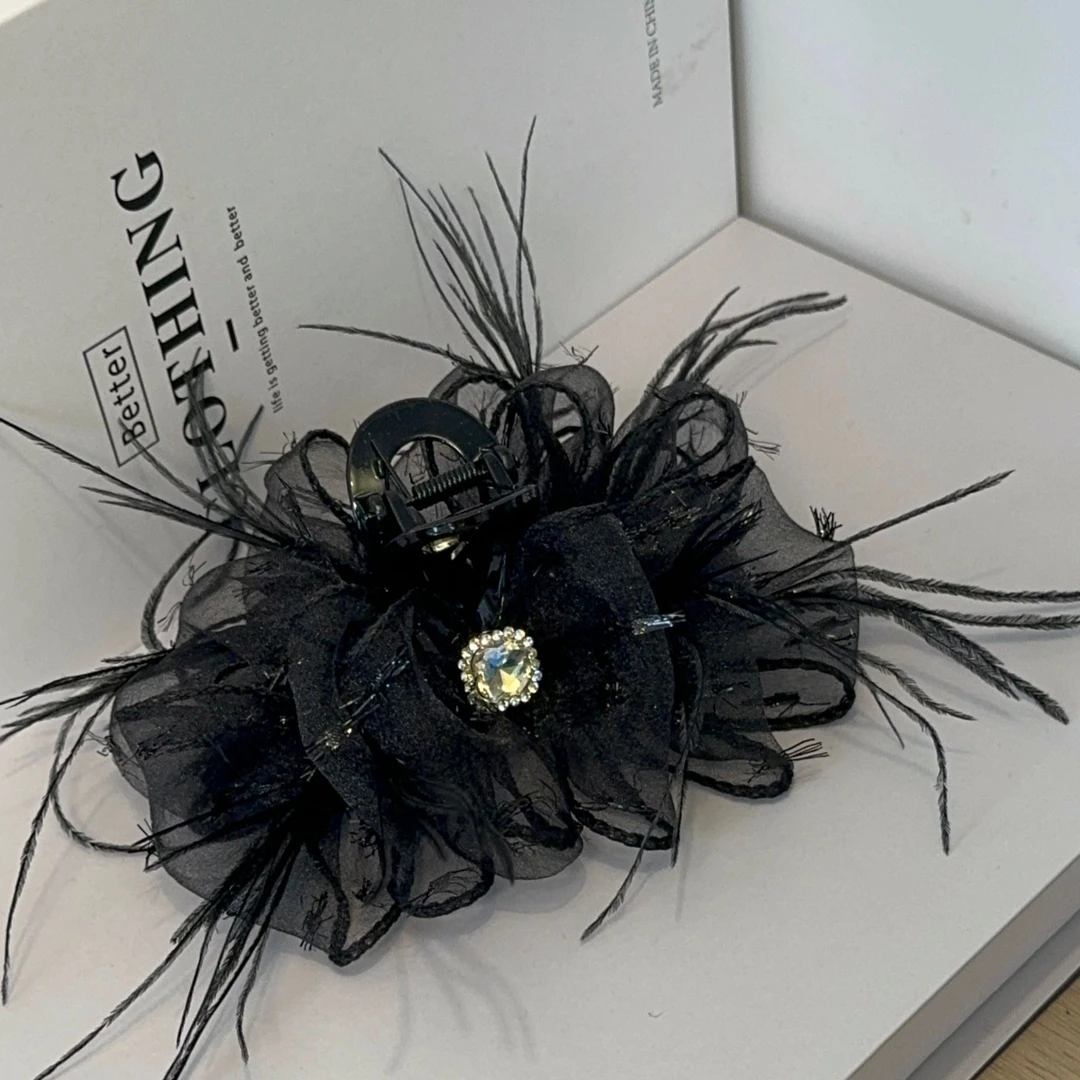 秋冬新款羽毛抓夹网纱发夹闪钻抓夹后脑勺鲨鱼夹蓬松增发量头饰L