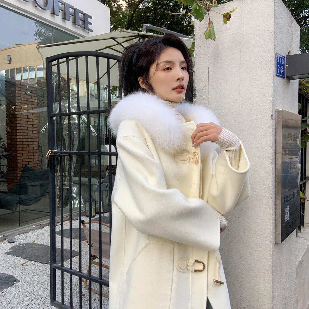 金夫人大衣【冬日烟花】STWO加厚时尚网红连帽牛角扣中长款毛呢大衣
