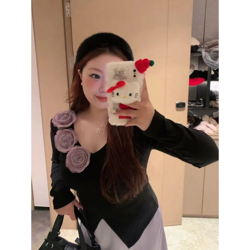 慧芝huizhi 三朵花花 定制款 v领手工灰紫色花花针织上衣