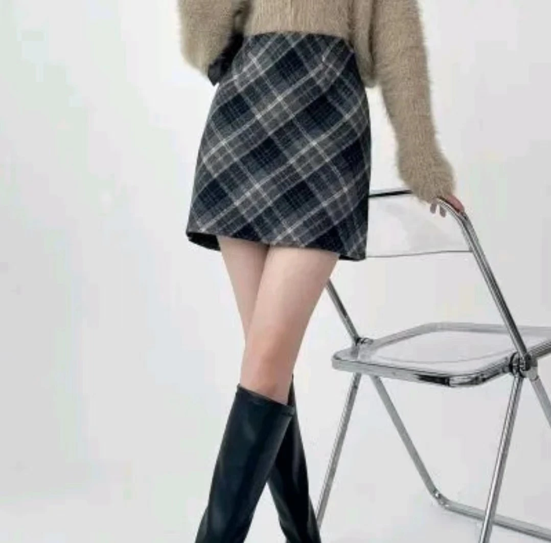 复古格子半身裙秋冬款毛呢a字裙高腰显瘦气质时尚百搭包臀裙24612