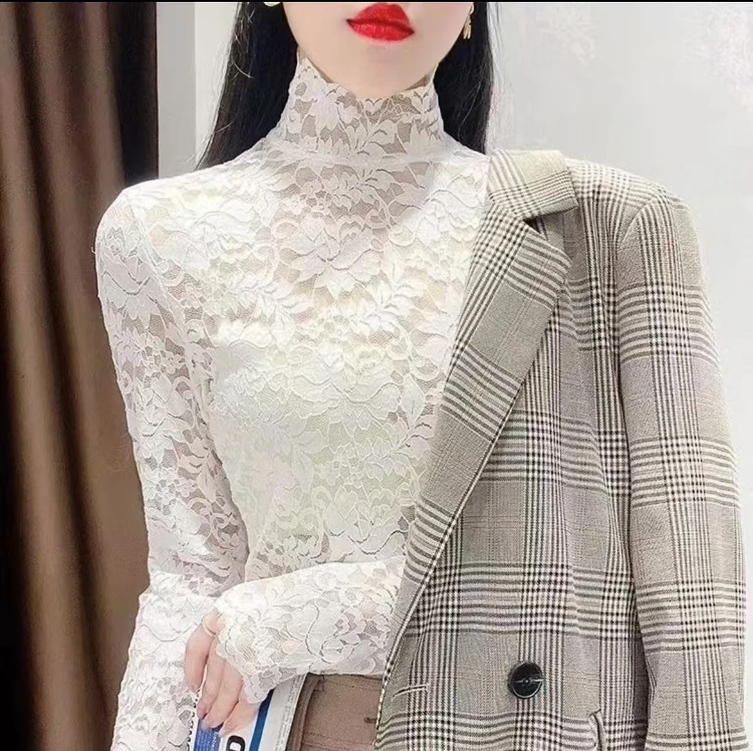 秋冬2024蕾丝打底衫女洋气小衫内搭镂空半高领高档欧货蕾丝上衣